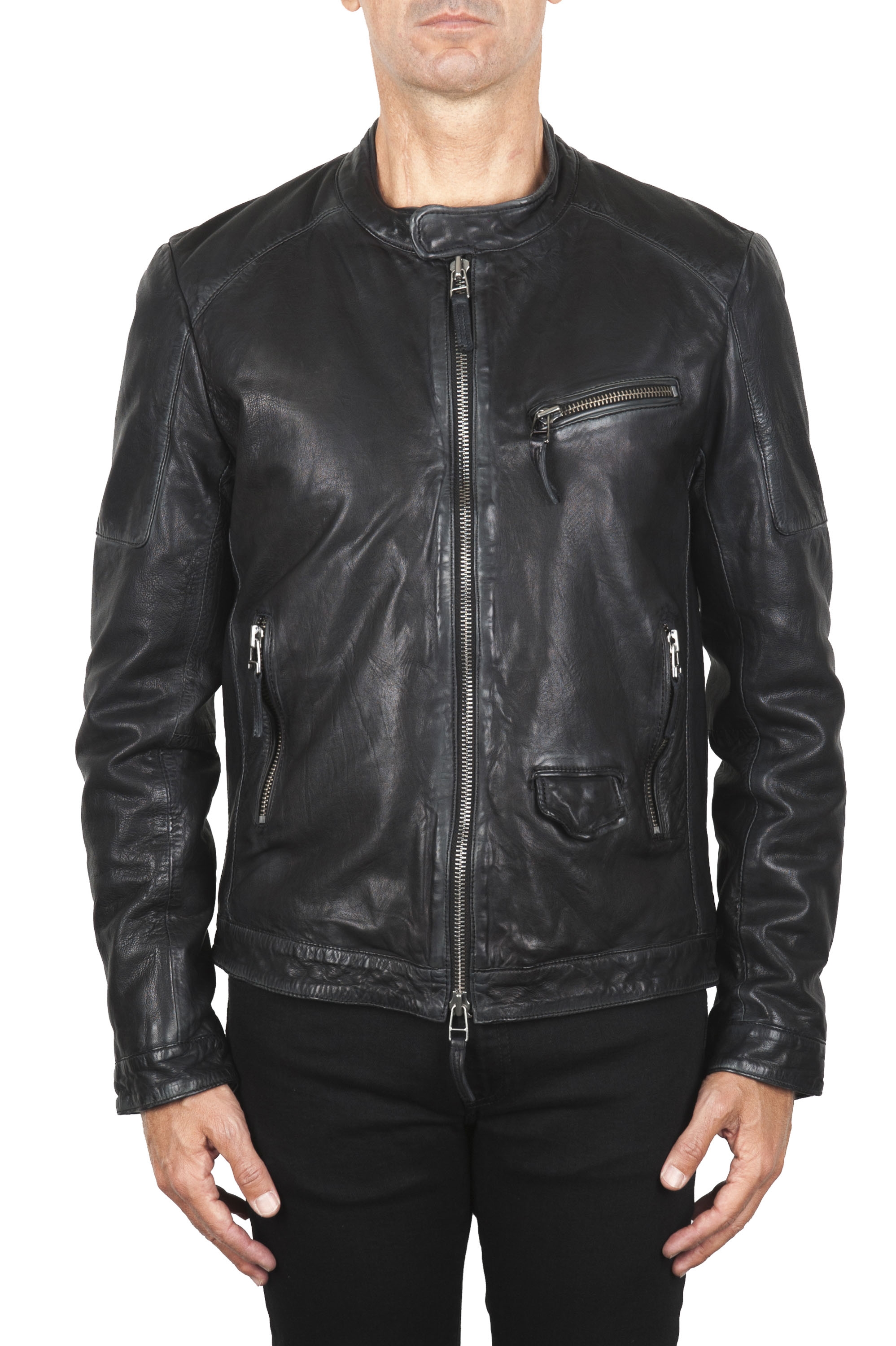 SBU 02944_2020AW Padded black leather biker jacket 01
