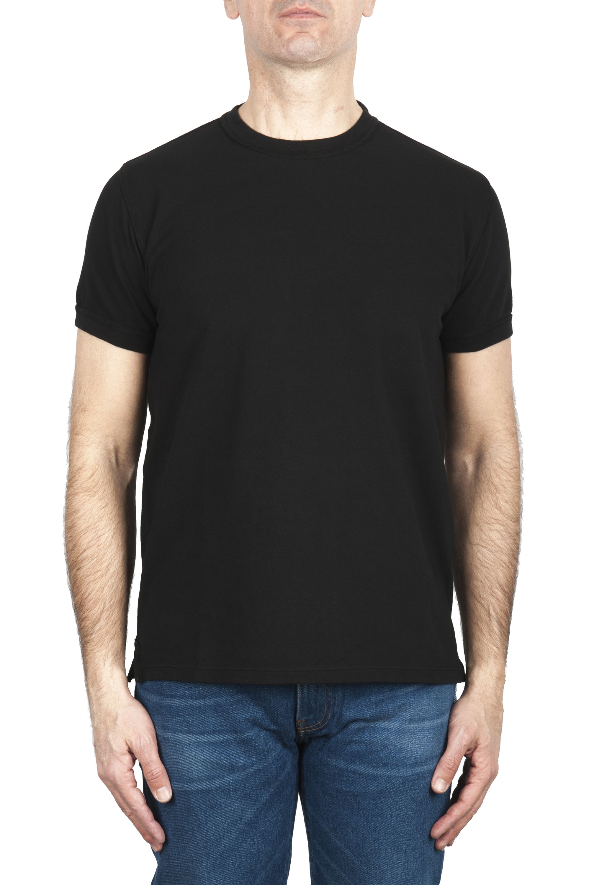 SBU 03077_2020AW T-shirt girocollo in cotone piqué nera 01