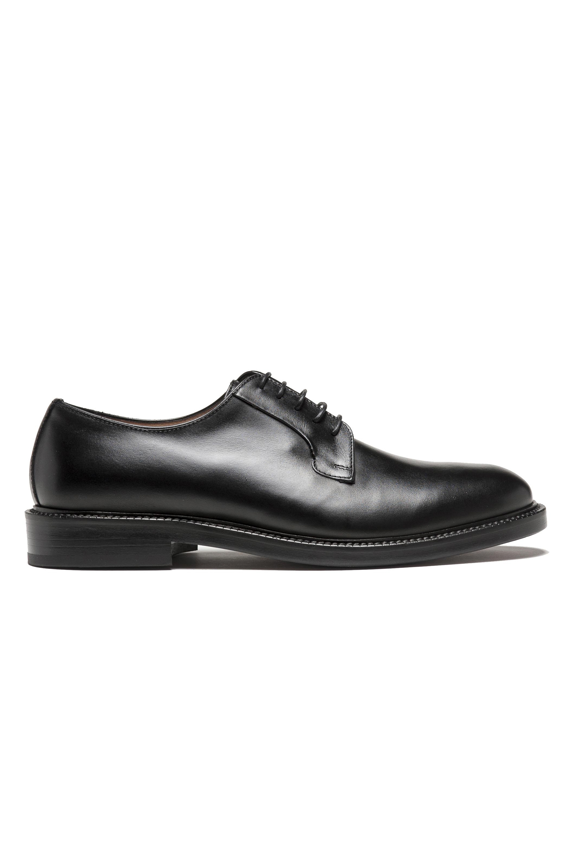 SBU 03200_2021SS Black lace-up plain calfskin derbies with leather sole 01
