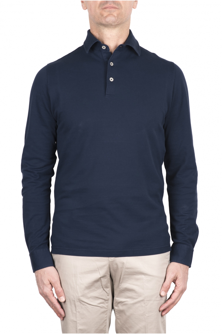 SBU 03297_2021SS Polo de piqué azul índigo de manga larga 01