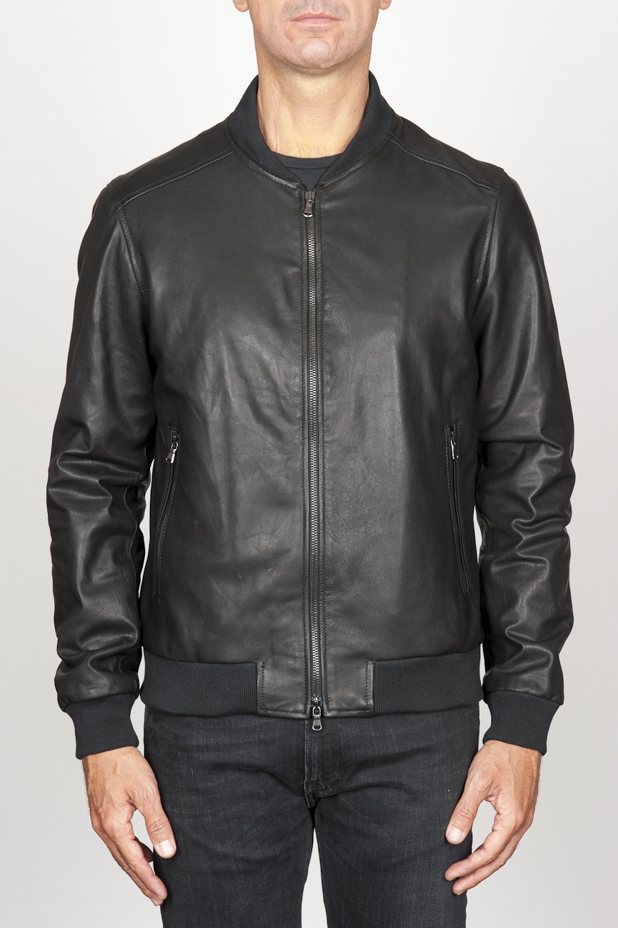 SBU 00908 Classic bomber jacket in black calf-skin leather 01