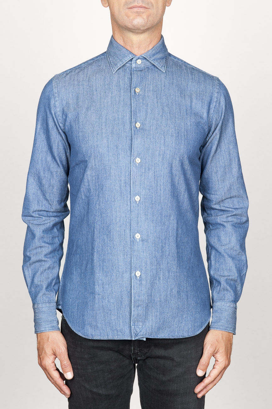 SBU 00924 Clásica camisa azul indigo natural de algodón con cuello de punta  01