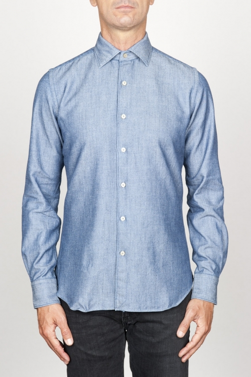 SBU 00925 古典的なポイントカラー自然光インジゴブルーの綿のシャツ 01