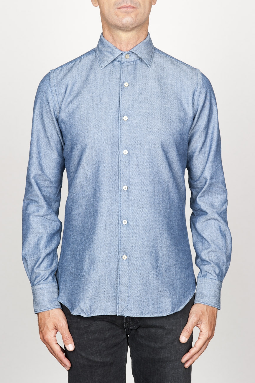 SBU 00925 Clásica camisa azul indigo claro natural de algodón con cuello de punta  01