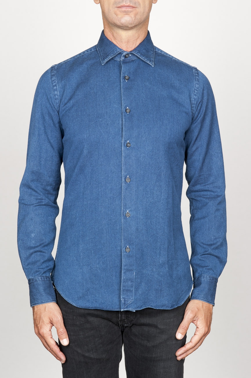 SBU 00926 Clásica camisa azul indigo oscuro natural de algodón con cuello de punta  01