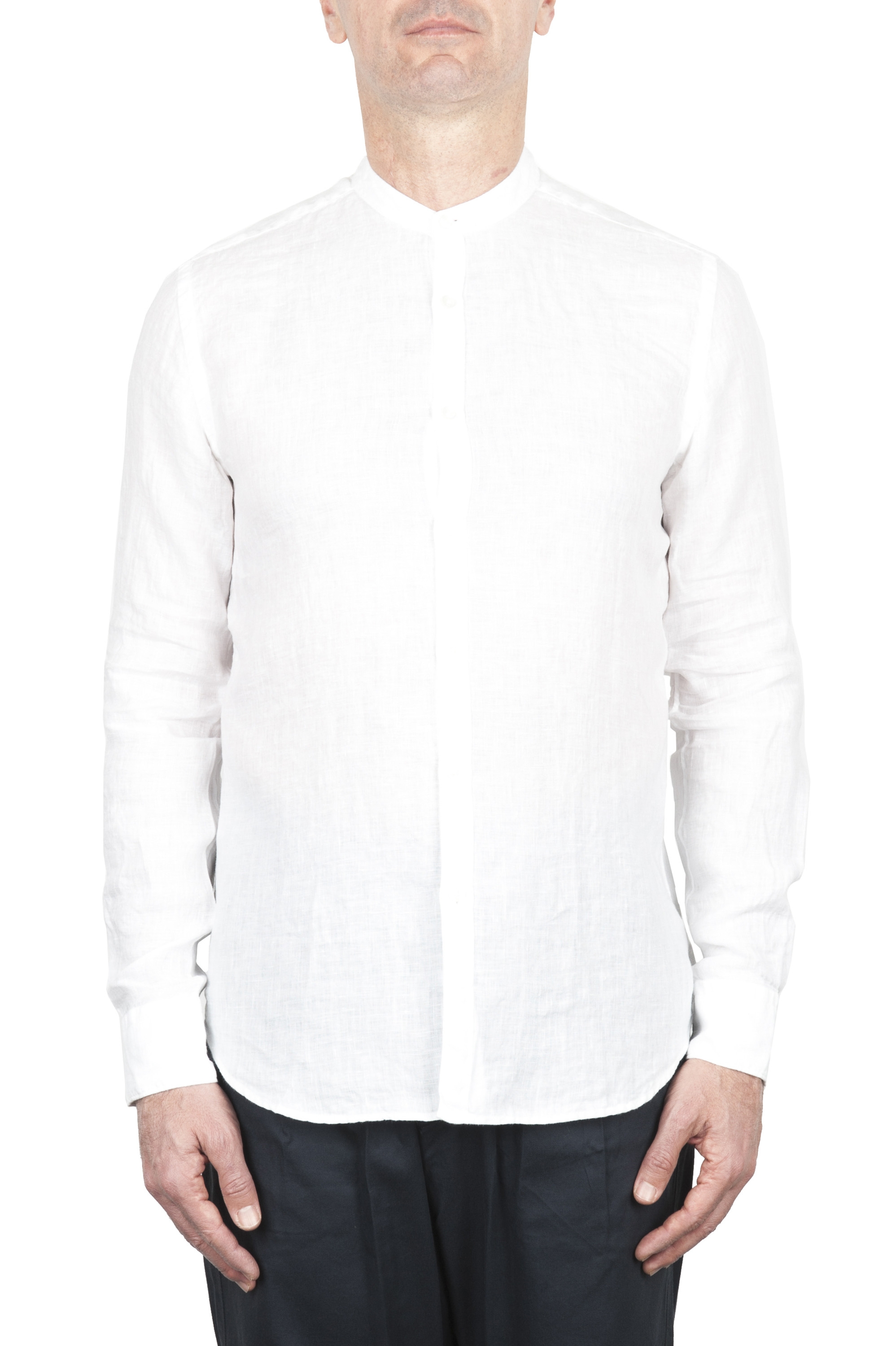 SBU 03365_2021SS クラシックなマンダリンカラーの白いリネンシャツ 01