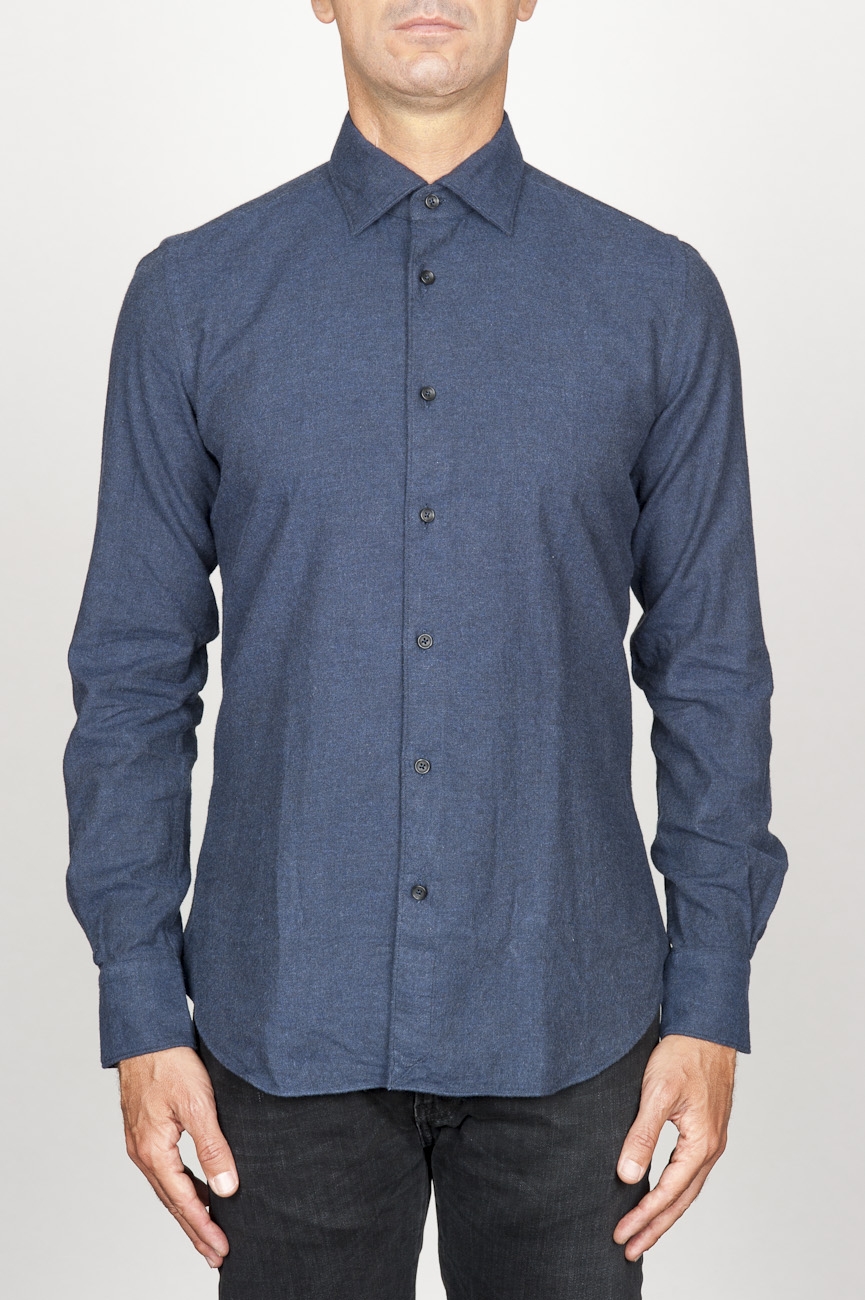 SBU 00930 Clásica camisa azul de franela de algodón con cuello de punta  01