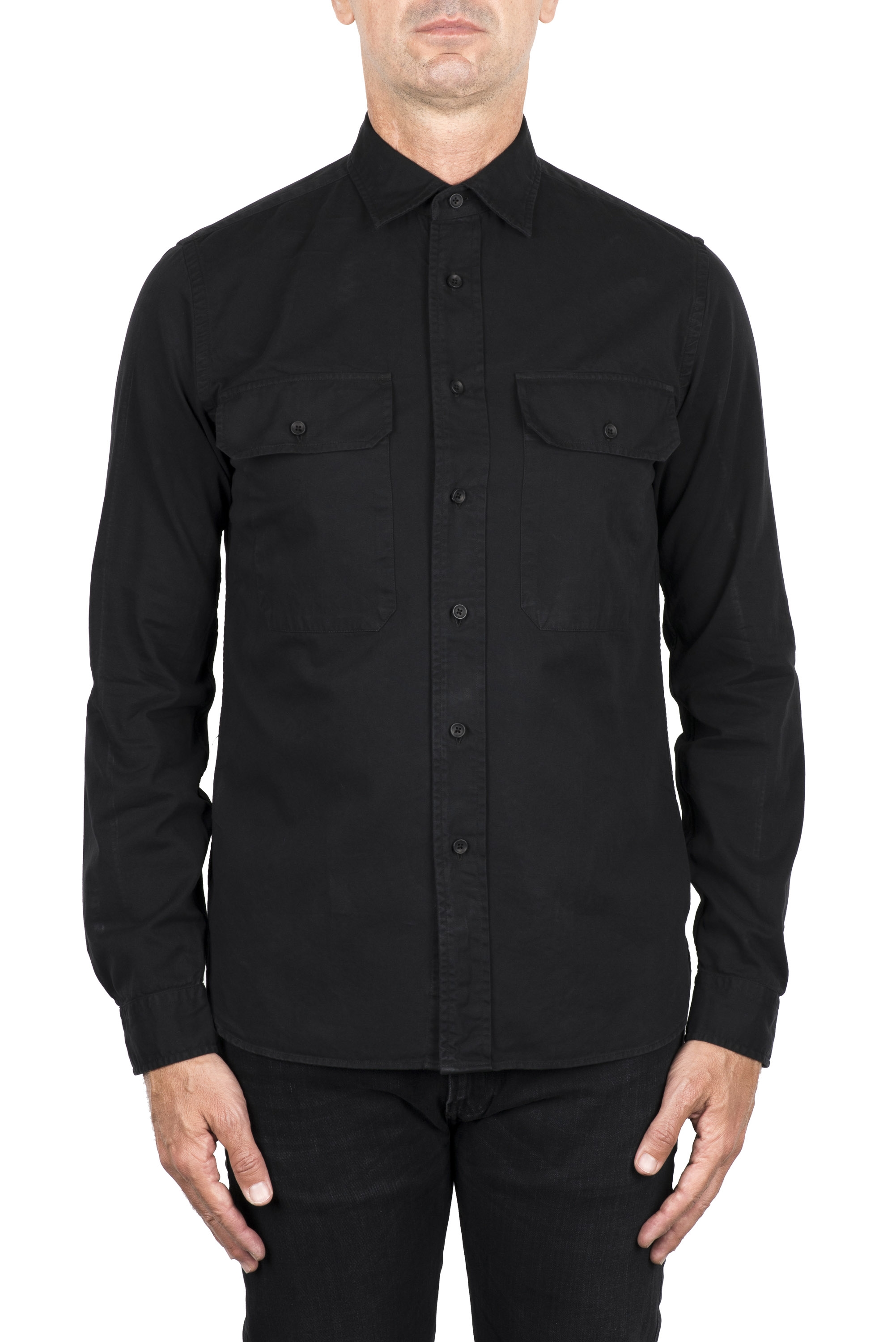 SBU 03417_2021AW Camisa de trabajo de algodón negra con bolsillos 01