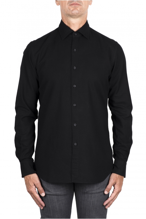 SBU 03418_2021AW 無地の柔らかい綿の黒いフランネルシャツ 01