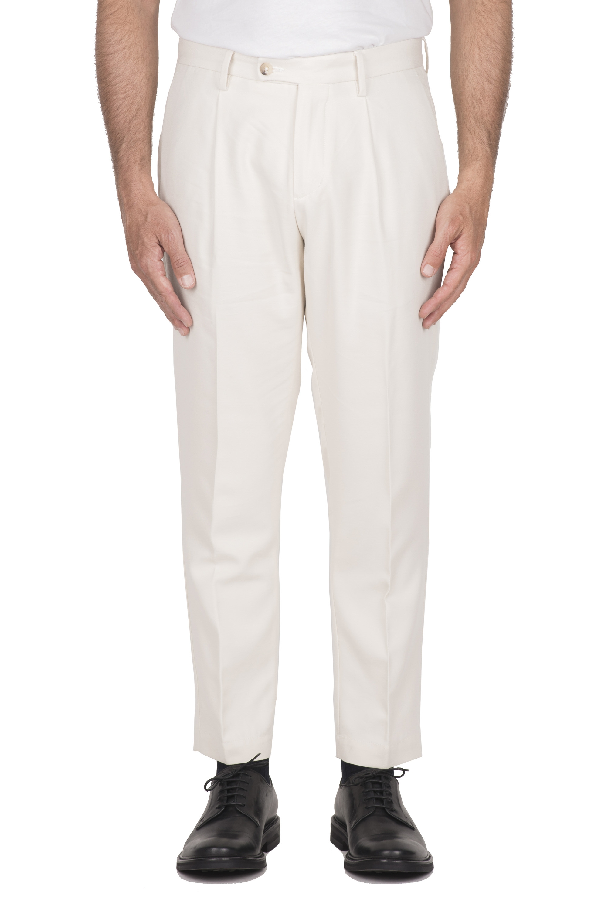 SBU 03428_2021AW Pantaloni classico in cotone bianco elasticizzato con pinces 01