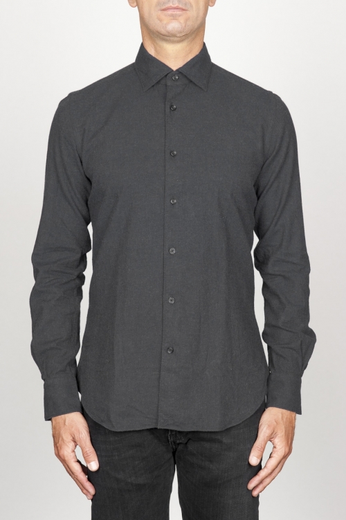 Chemise classique noir à col pointu en flanelle de coton 