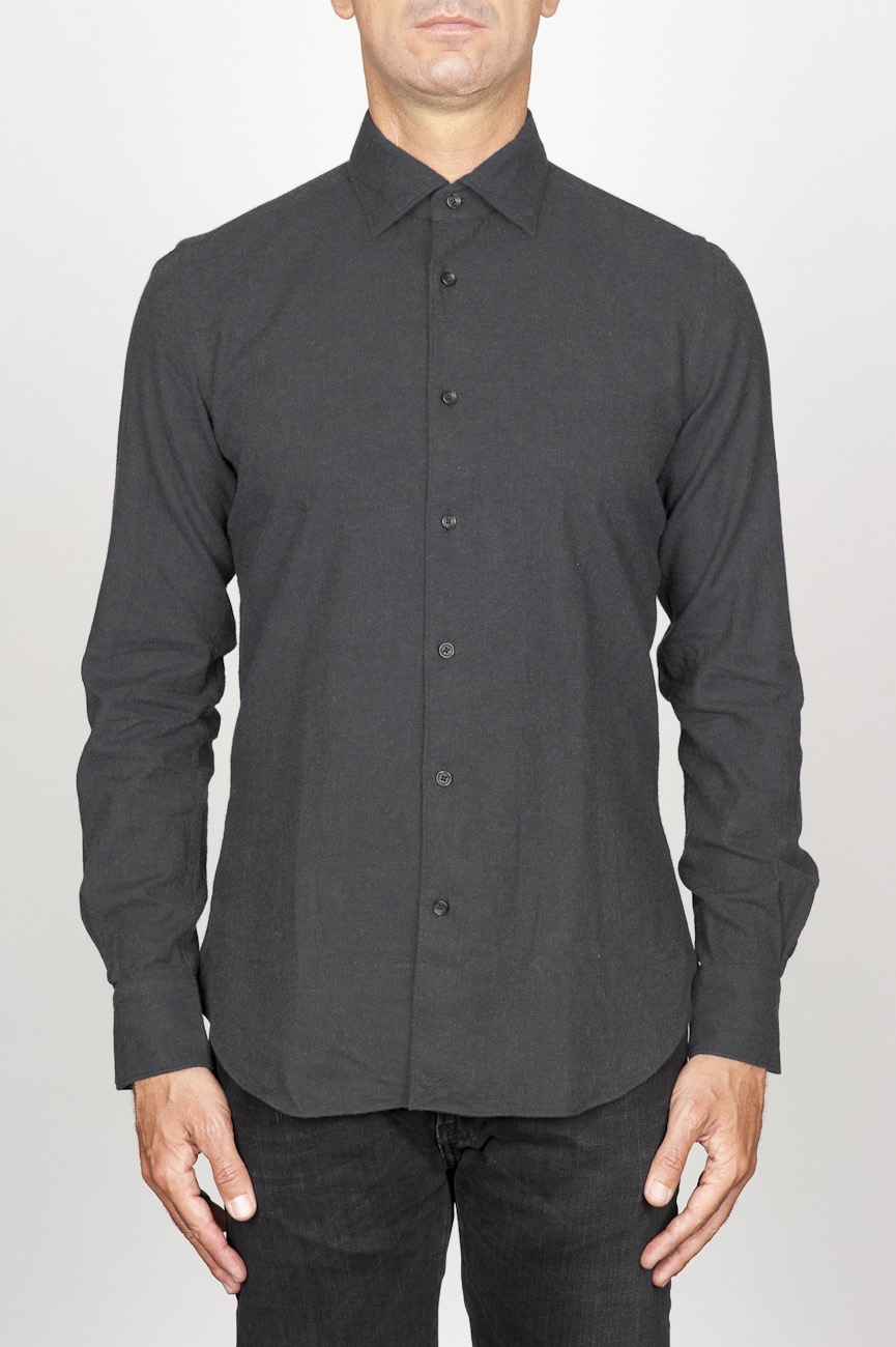 SBU 00933 Clásica camisa negra de franela de algodón con cuello de punta  01
