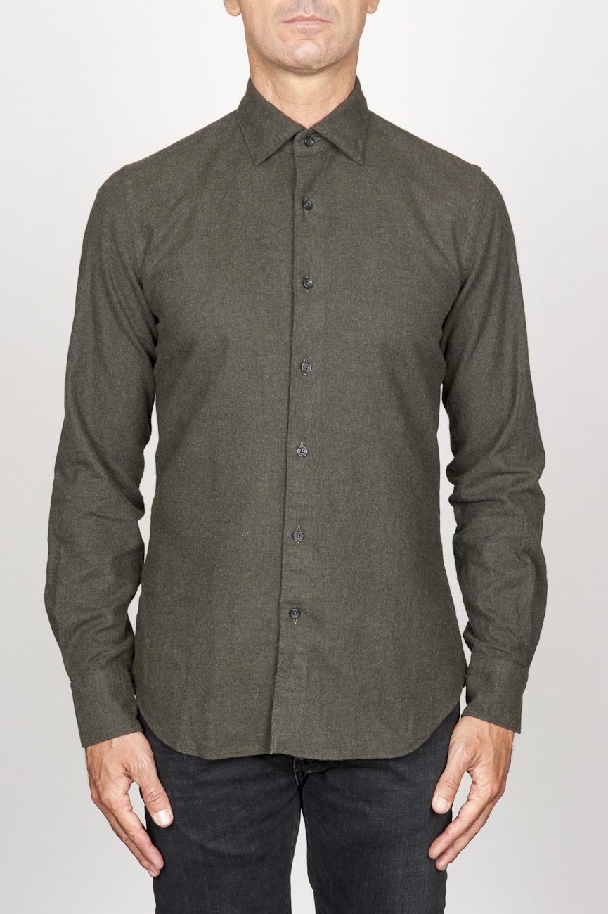 SBU 00935 Clásica camisa verde de franela de algodón con cuello de punta  01