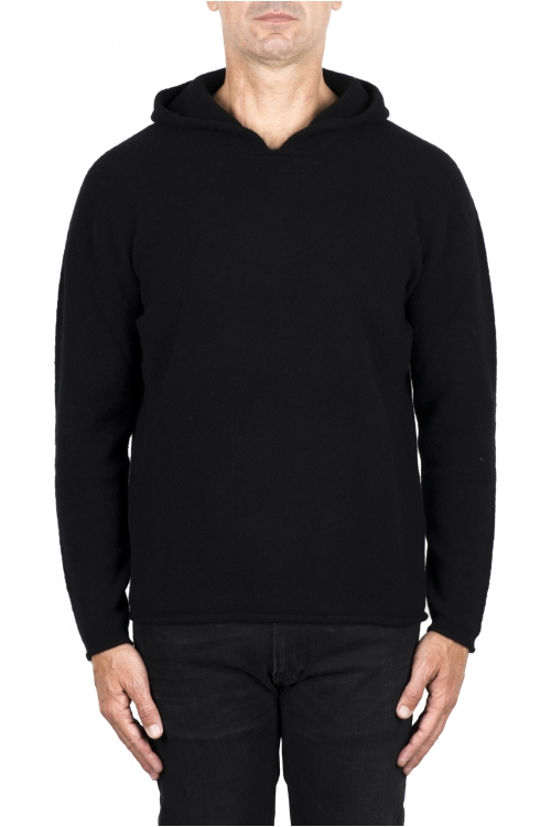 SBU 03523_2021AW Black merino wool blend hooded sweater 01