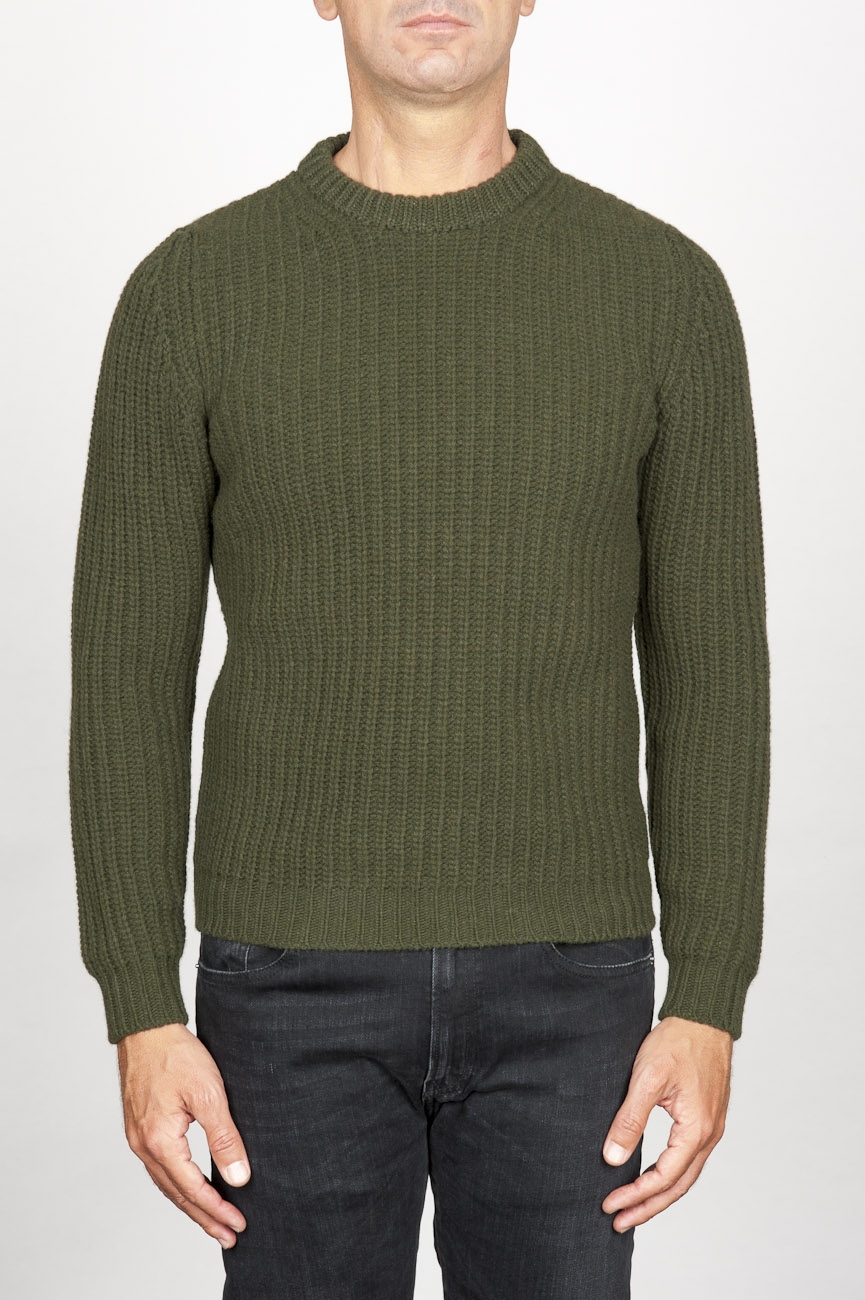 SBU 00946 緑の純粋なウールの漁師の肋骨の古典的なクルーネックのセーター 01