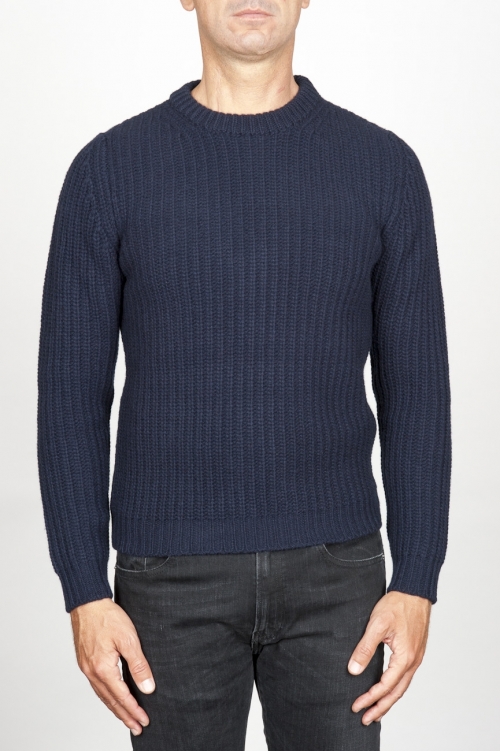 Suéter clásico de cuello redondo en lana pura con punto de espiga azul