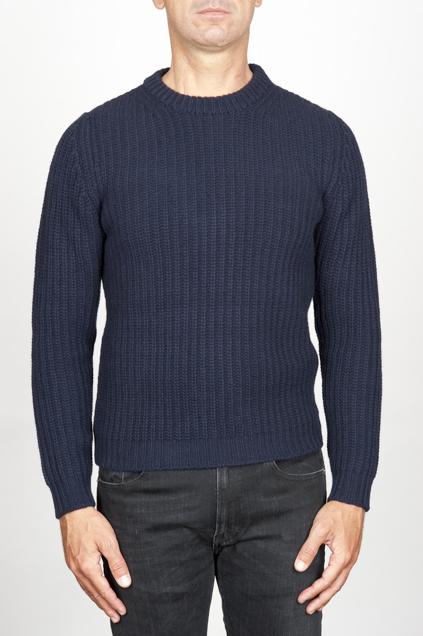 SBU 00947 Suéter clásico de cuello redondo en lana pura con punto de espiga azul 01