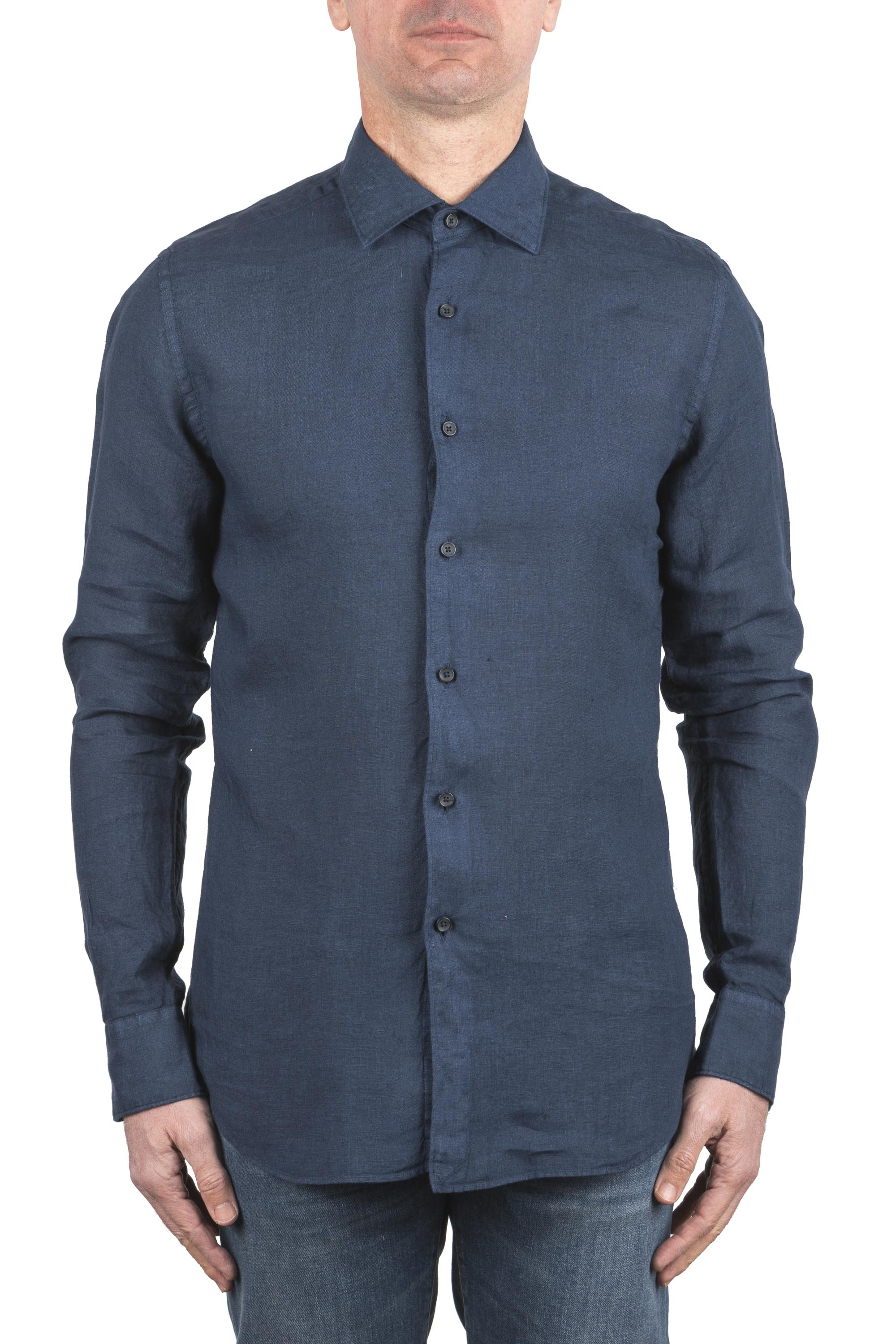 SBU 03757_2022SS Camicia classica in lino blu navy 01