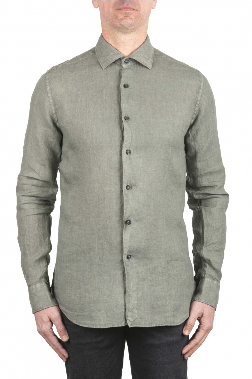 SBU 03759_2022SS Camicia classica in lino verde 01