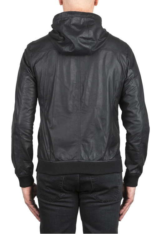 SBU 03826_2022SS Black leather hooded jacket 01