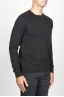 SBU 00960 Round neck sweater in black merino wool raw cut neckline 02