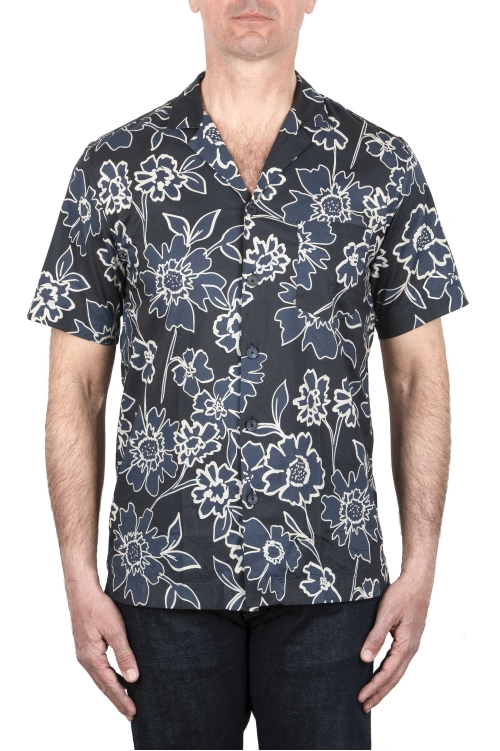 SBU 03995_2022SS Hawaiian printed pattern blue cotton shirt 01