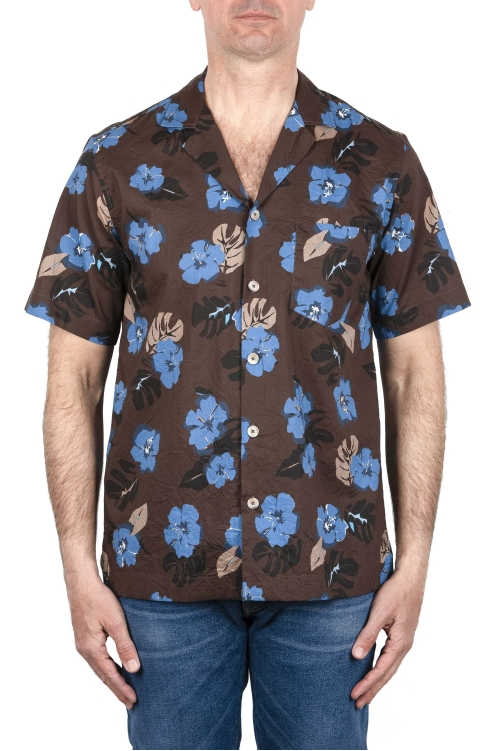 SBU 03997_2022SS Camisa algodón estampado hawaiano marrón 01