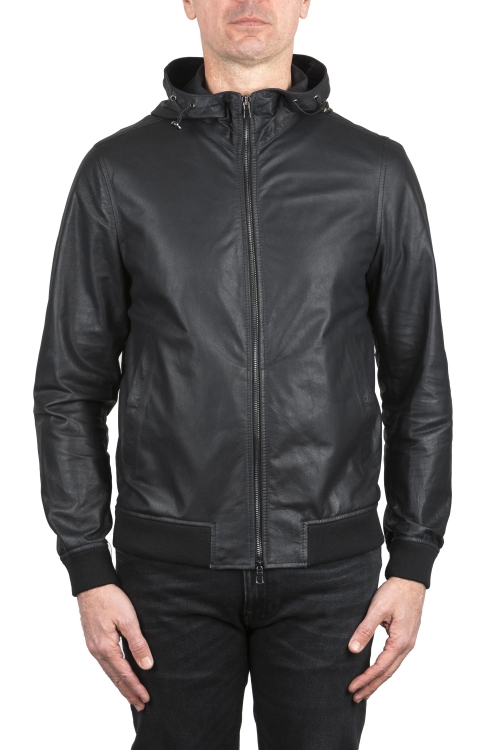 SBU 04021_2023SS Black leather hooded jacket 01