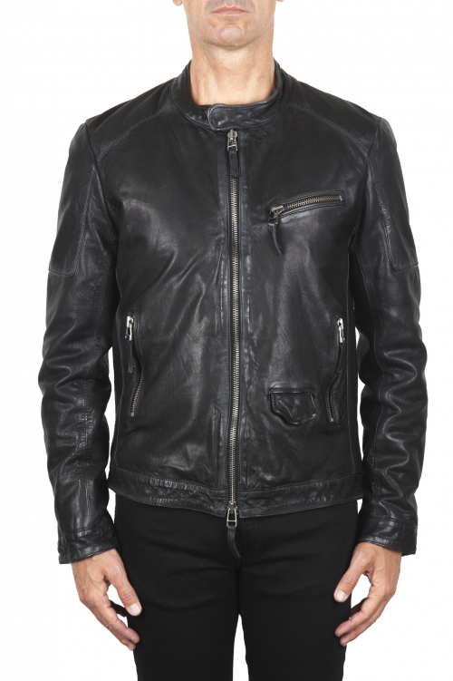 SBU 04024_2023SS Padded black leather biker jacket 01