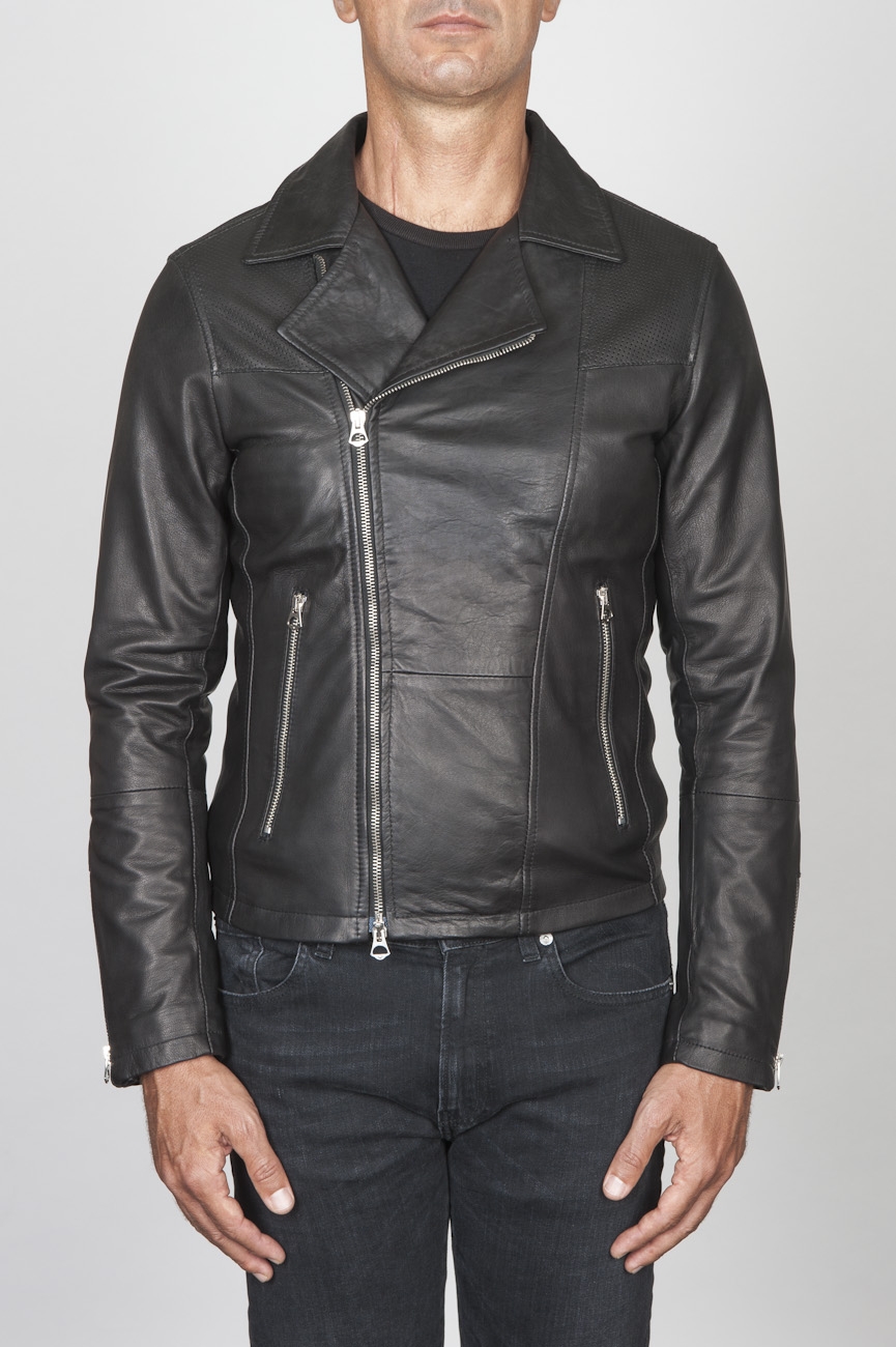 SBU 00446 Classic motorcycle jacket in black calf-skin leather 01