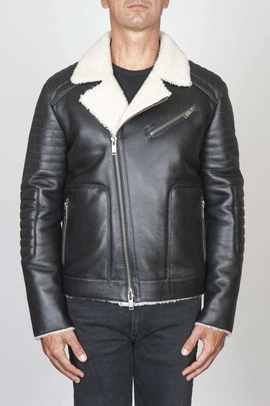 SBU 00447 Classic motorcycle jacket in black sheepskin leather 01