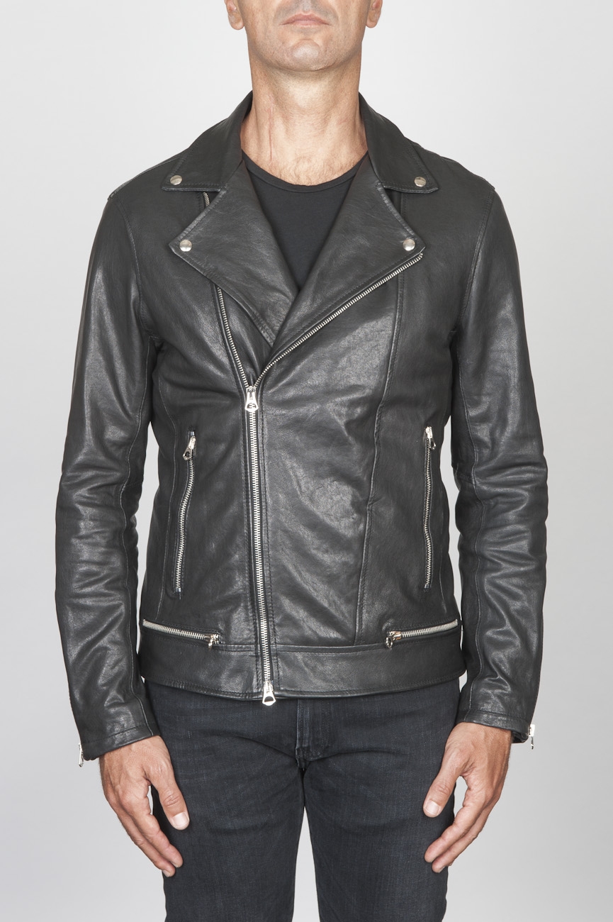 SBU 00449 Classic biker jacket in black calf-skin leather 01
