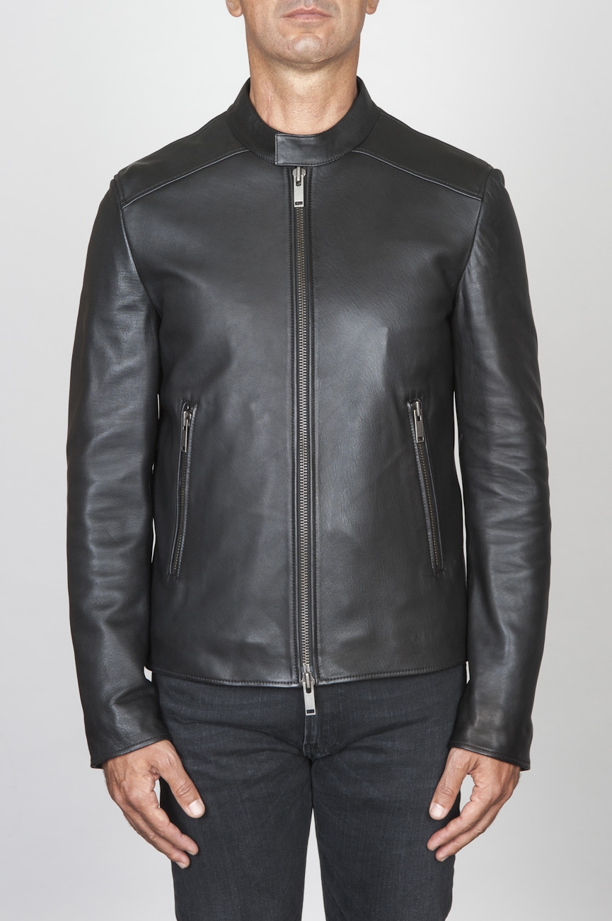 SBU 00451 Classic biker jacket in black calf-skin leather 01