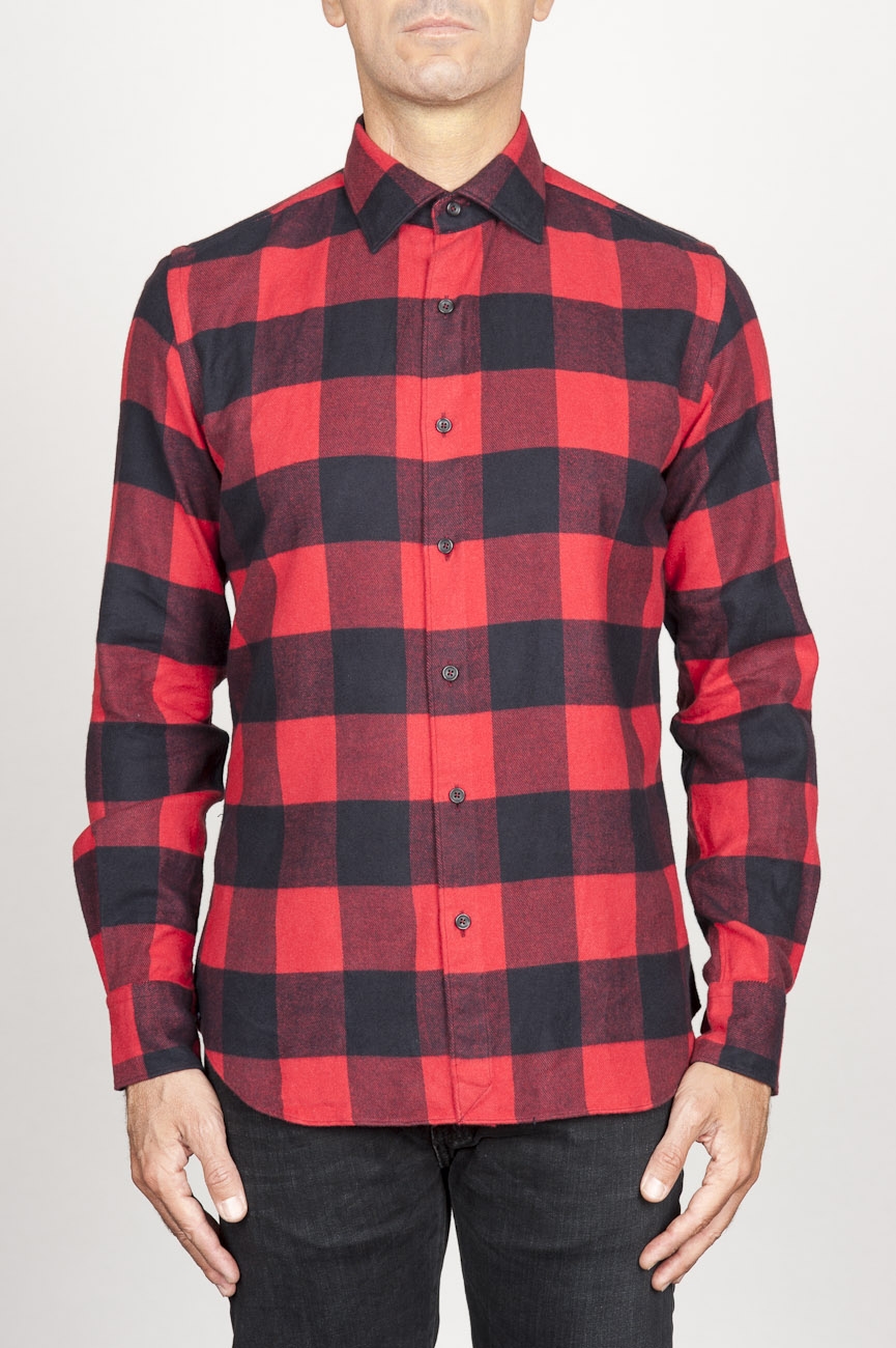 SBU 00981 Clásica camisa roja y negra de cuadros de algodón con cuello de punta  01