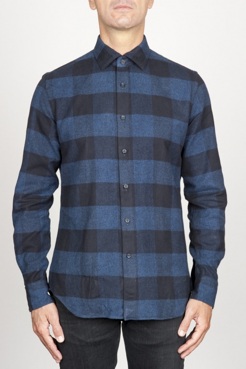 SBU 00983 Clásica camisa azul y negra de cuadros de algodón con cuello de punta  01