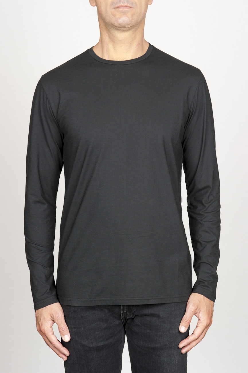 SBU 00984 T-shirt classique noire à mange long de coton à col rond 01