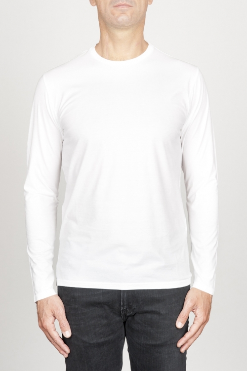 SBU 00985 T-shirt classique blanc à mange long de coton à col rond 01