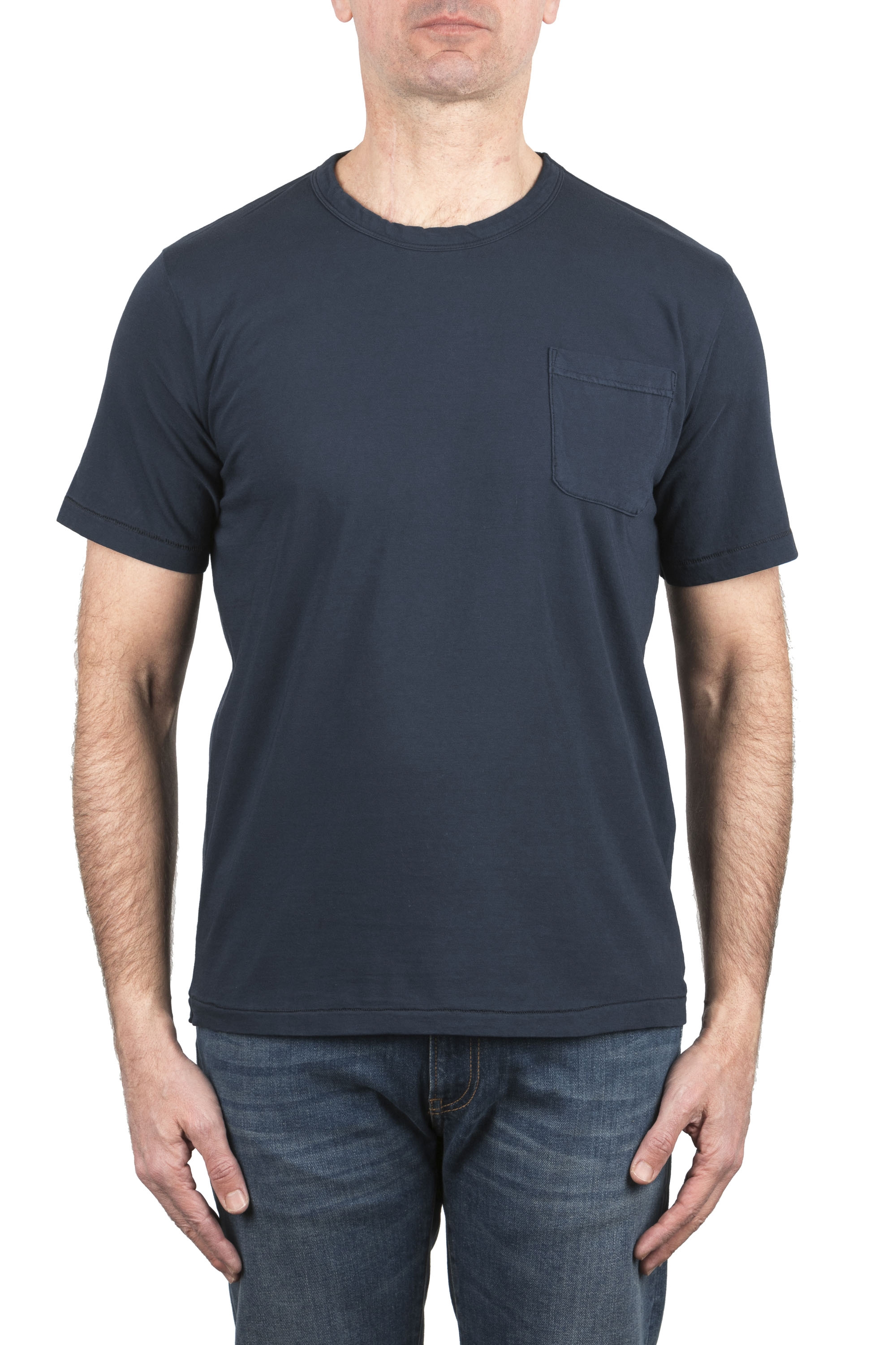 SBU 04180_2023SS T-shirt col rond en coton bleu marine avec poche plaquée 01