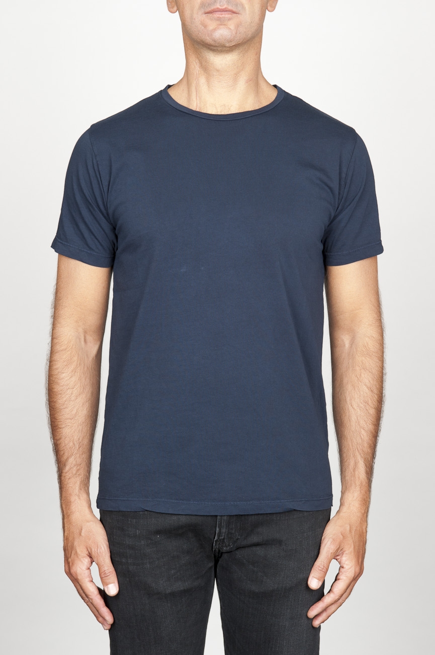 SBU 00989 Clásica camiseta de algodón azul de cuello redondo amplio y manga corta 01