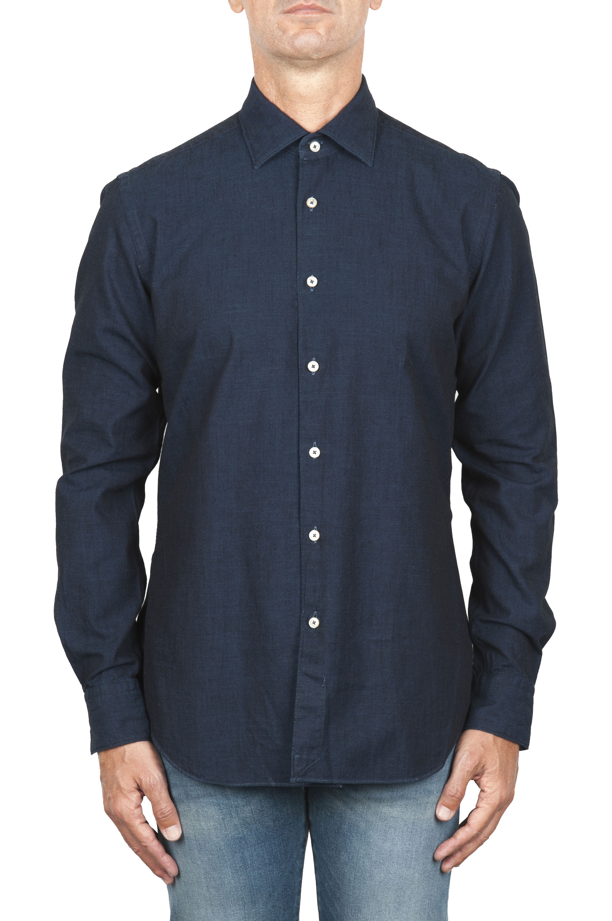 SBU 04543_23AW Natural indigo dyed classic blue cotton denim shirt 01