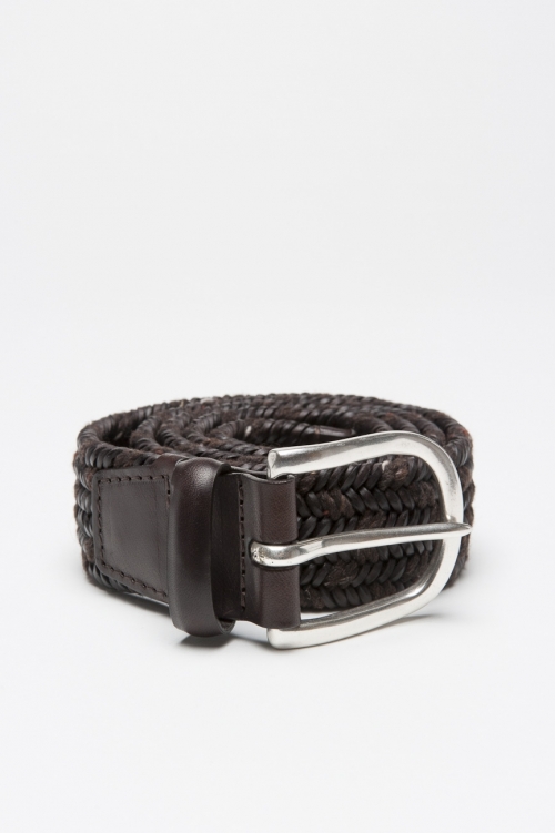 Belt in brown calfskin braided leather adjustable buckle closure 1.4 inches