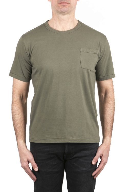 SBU 04650_23AW Camiseta de algodón verde de cuello redondo y bolsillo de parche 01