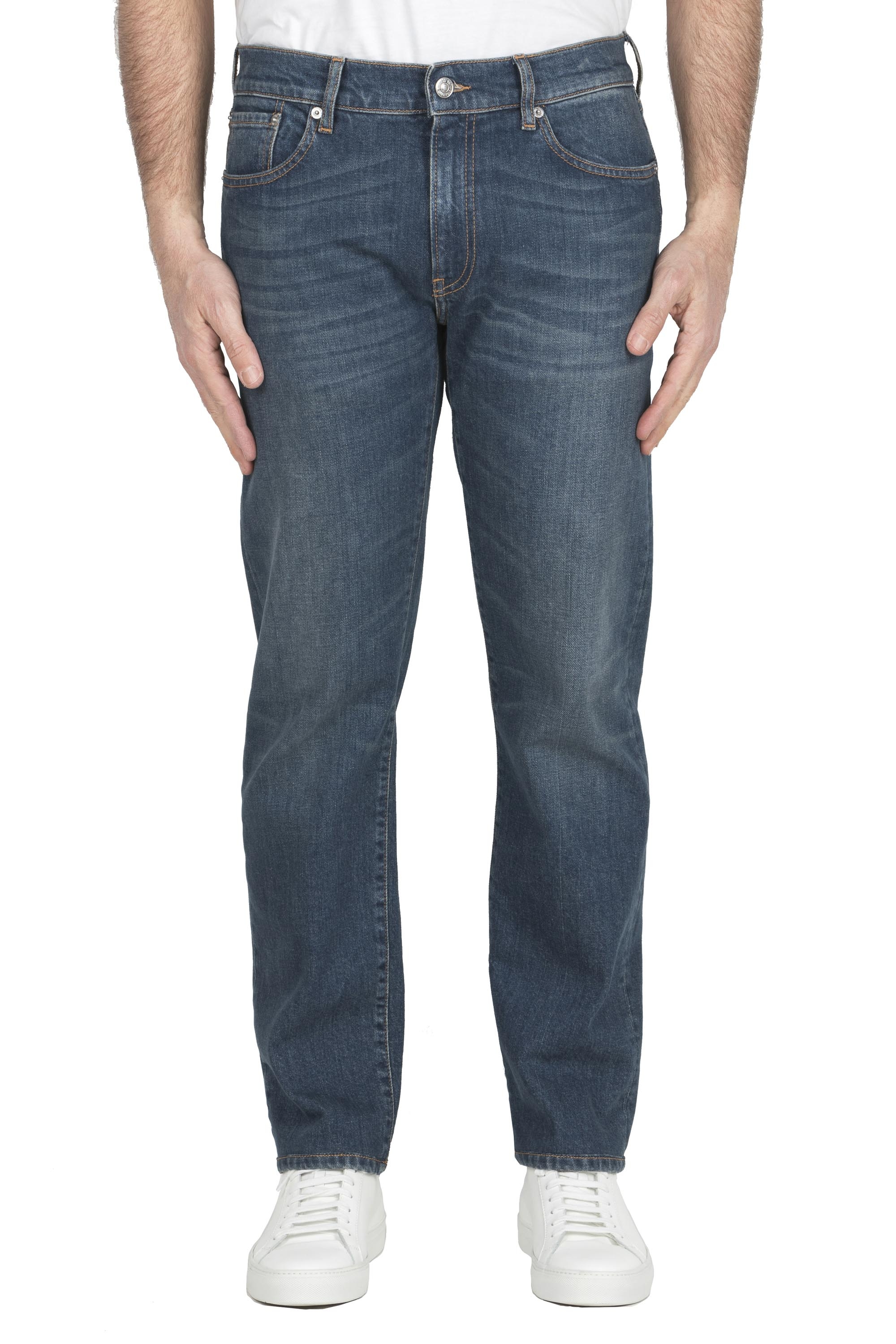 SBU 04962_24SS Teint pur indigo délavé à la pierre coton stretch jeans bleu 01