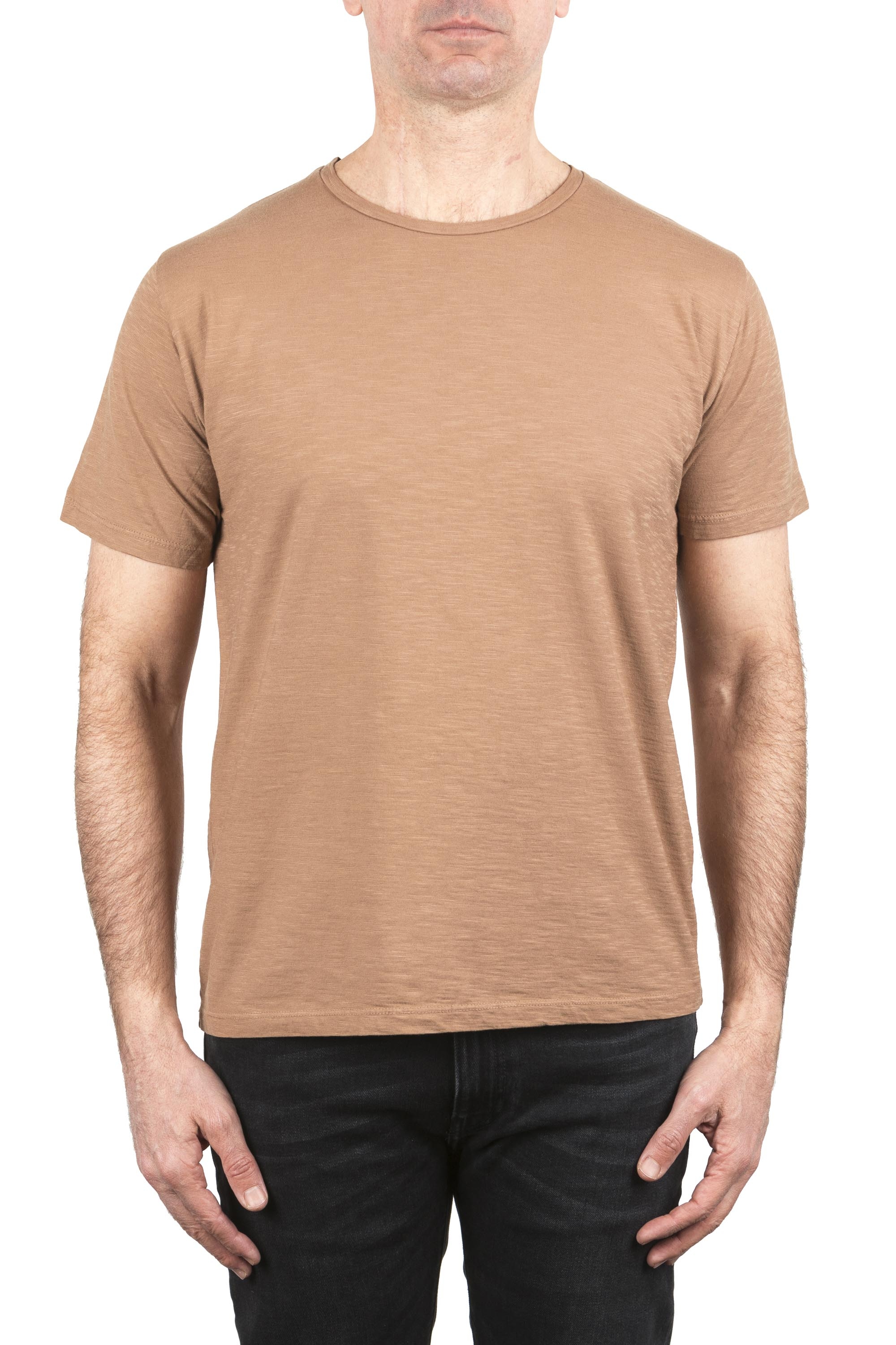 SBU 05010_24SS T-shirt girocollo aperto in cotone fiammato marrone 01