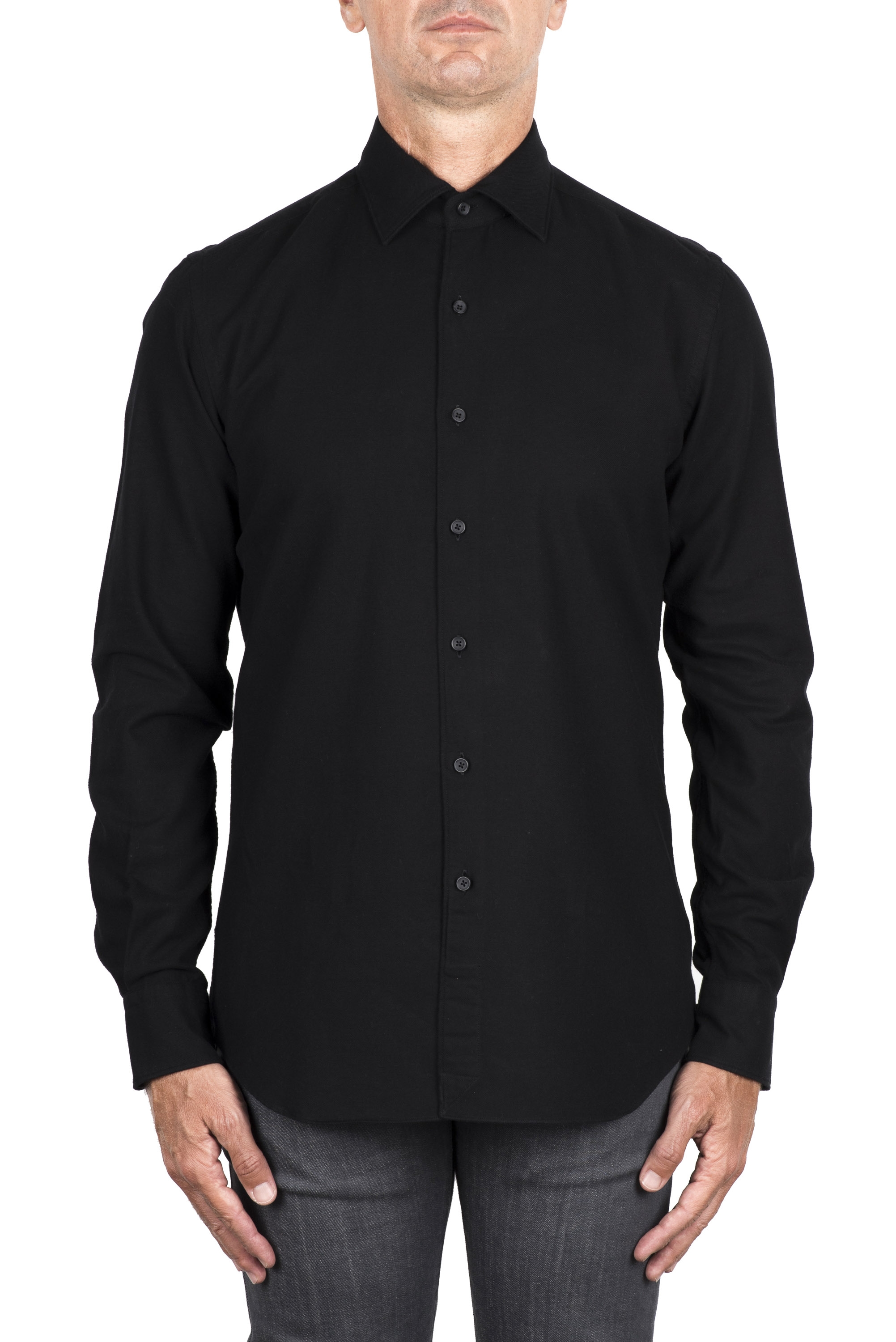 SBU 05785_AW Plain soft cotton black flannel shirt 01