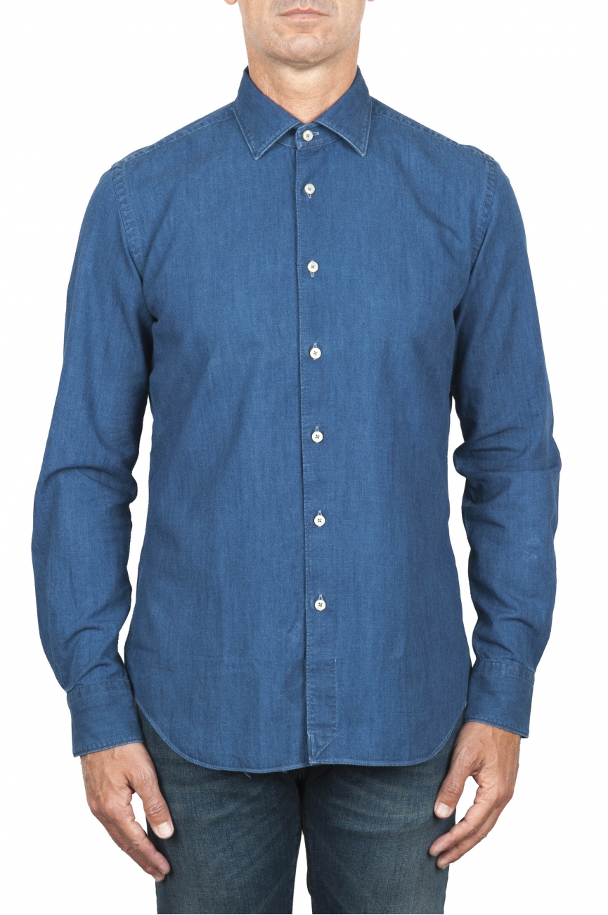 SBU 05791_AW Pure indigo dyed classic blue cotton denim shirt 01