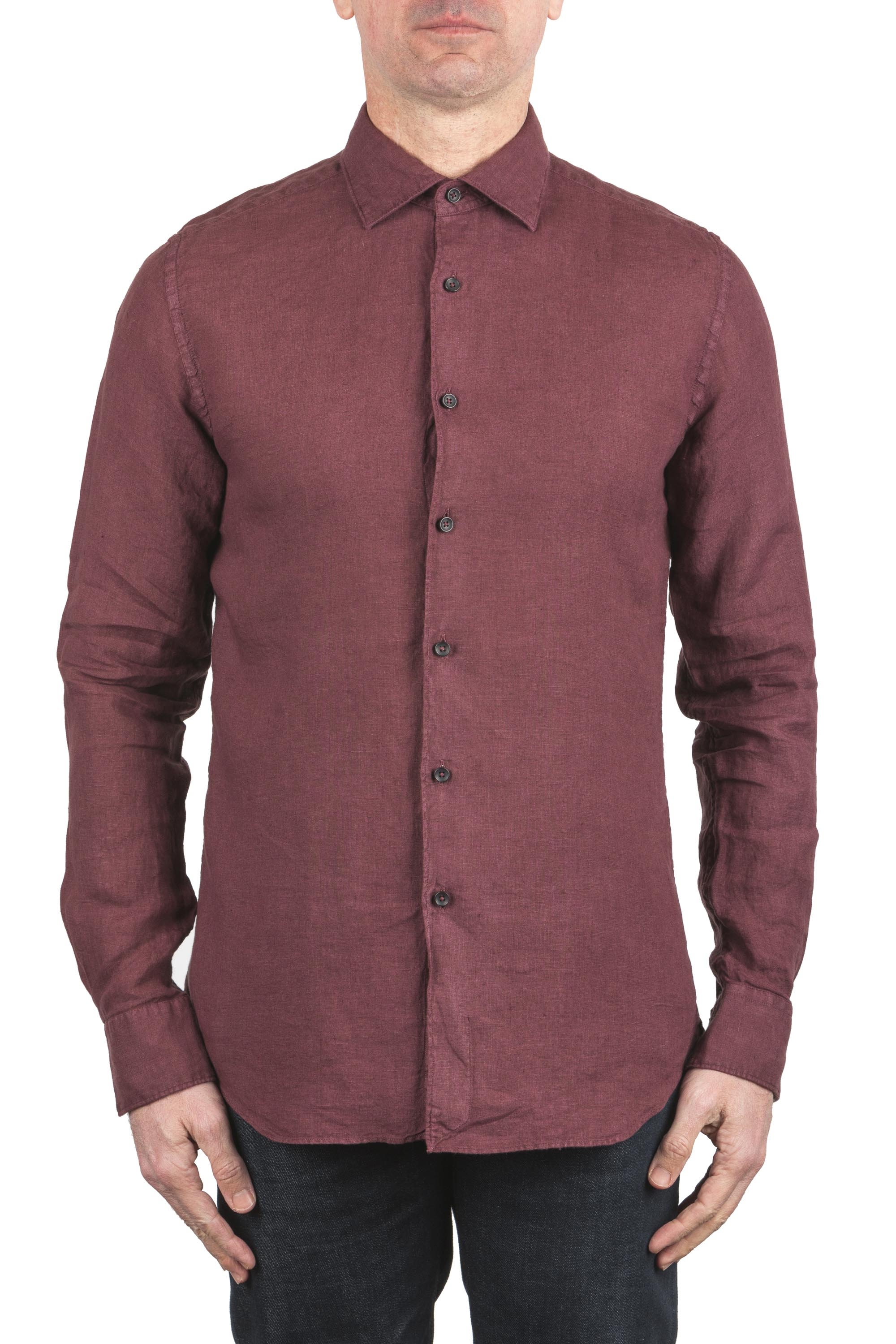 SBU 06150_SS Camicia classica in lino bordeaux 01