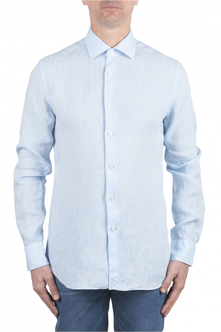 SBU 06151_SS Camicia classica in lino azzurra 01
