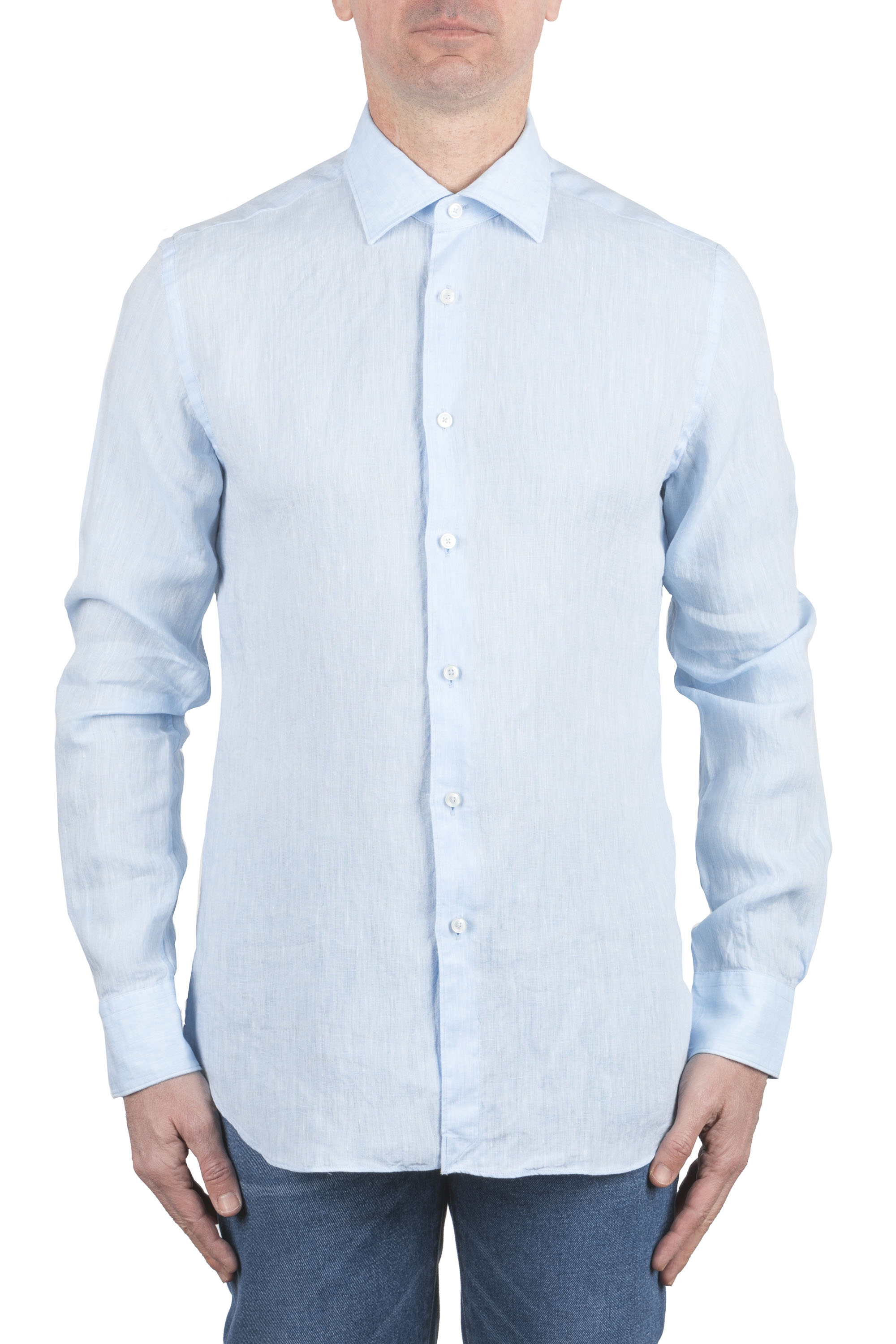 SBU 06151_SS Camicia classica in lino azzurra 01