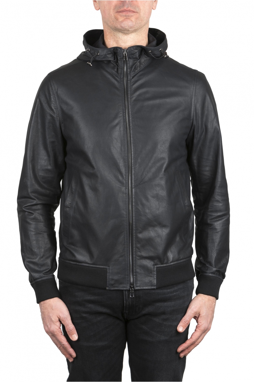 SBU 06200_SS Giubbino in pelle con cappuccio nero 01
